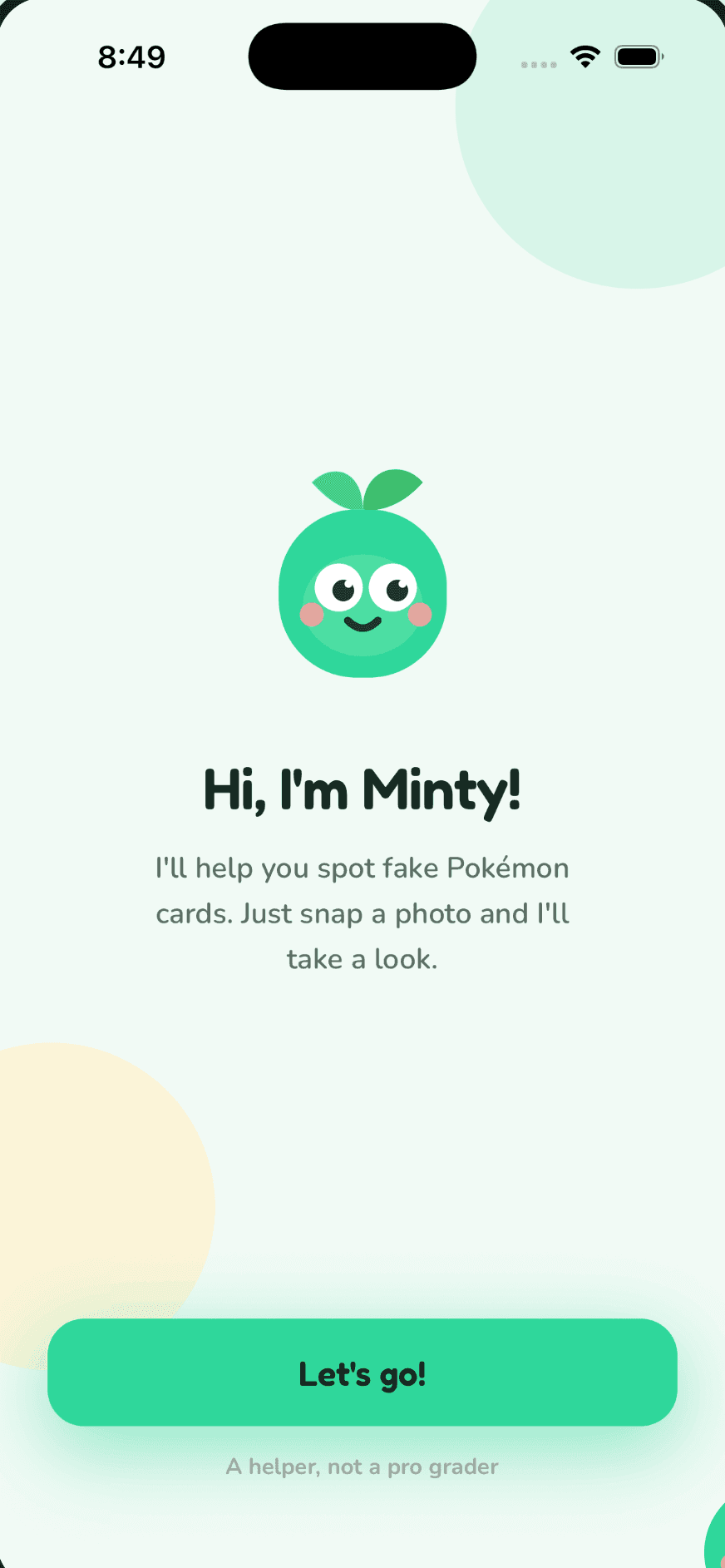 CounterMint's welcome screen: Hi, I'm Minty — a helper, not a pro grader