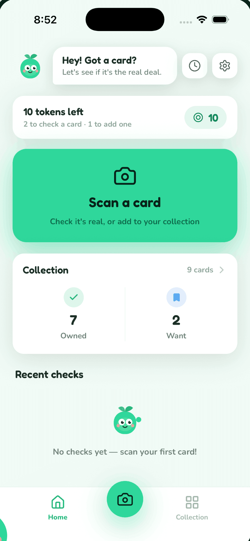 The CounterMint home screen, showing the token balance, a Scan a card button, and collection totals