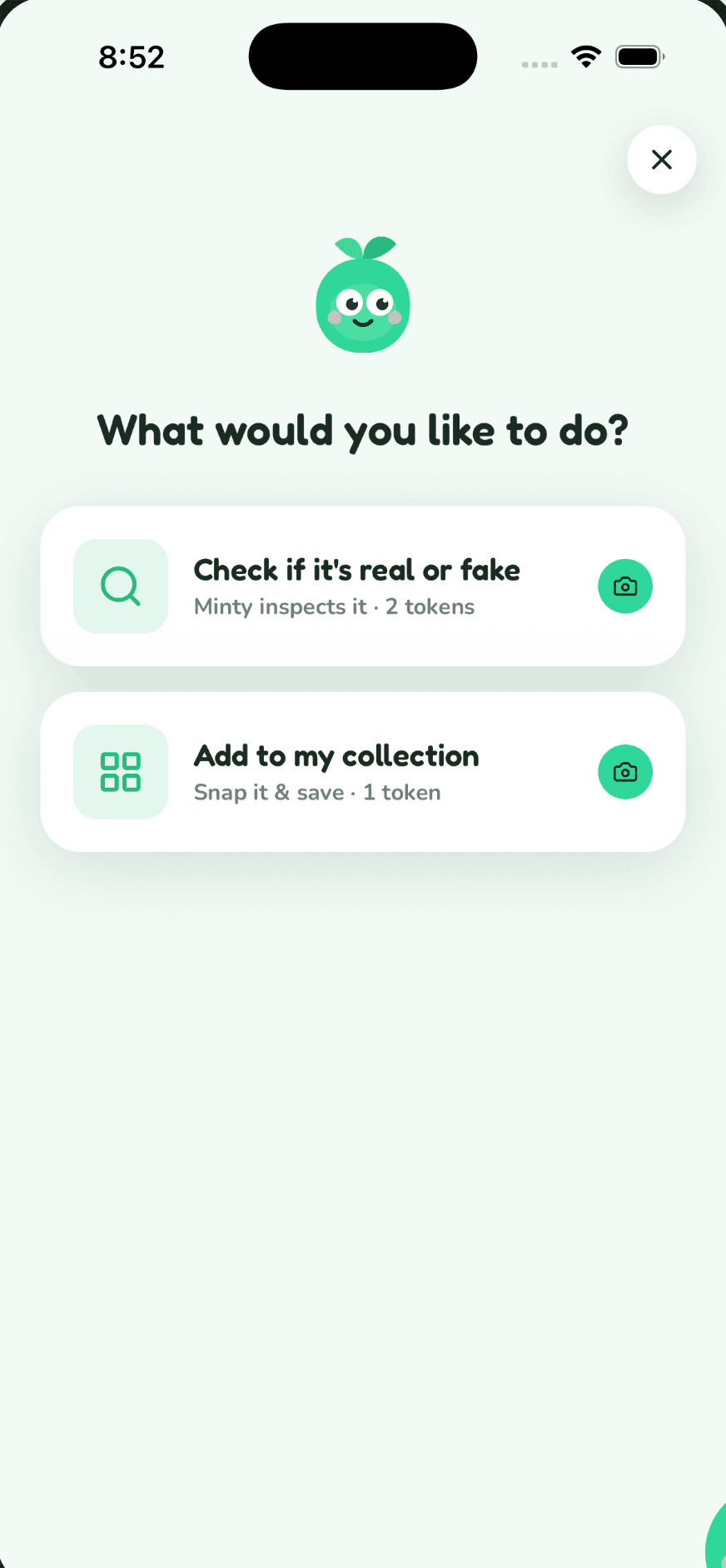 CounterMint asking what to do with a card: check if it's real or fake for 2 tokens, or add it to your collection for 1 token