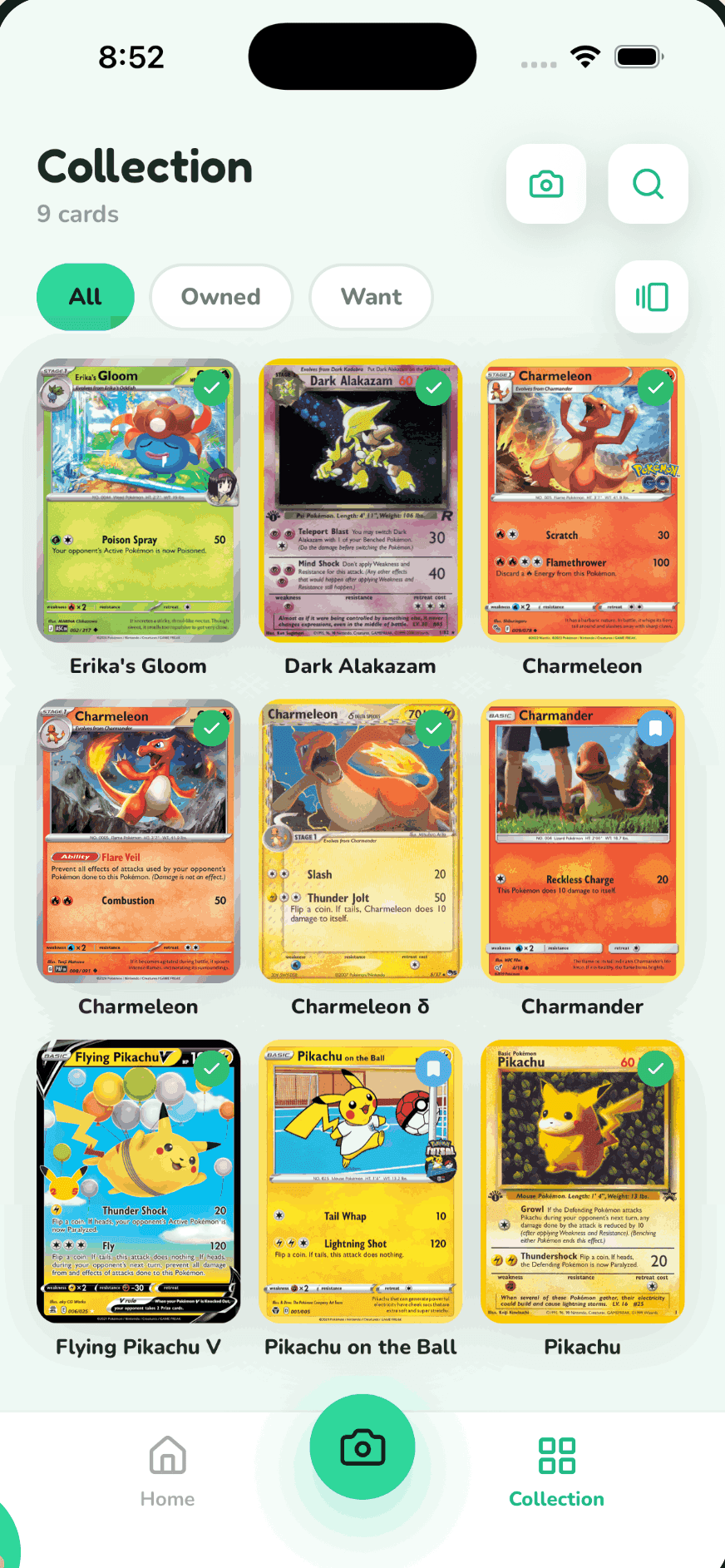 The CounterMint collection as a grid of Pokémon cards, filtered by All, Owned, and Want