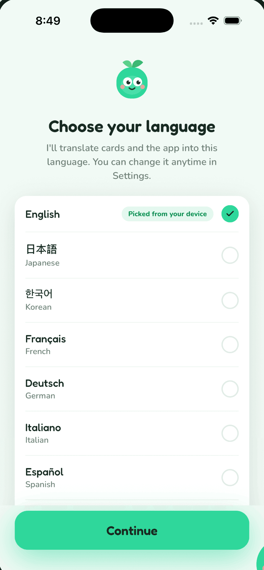 CounterMint's language picker, offering English, Japanese, Korean, French, German, Italian, and Spanish