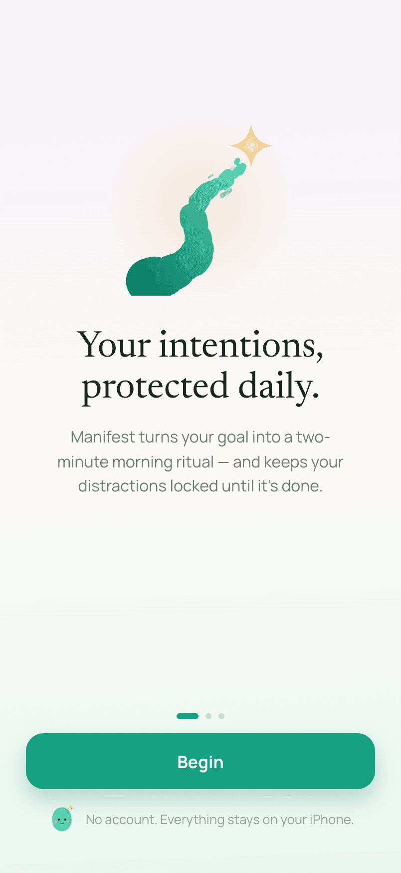 Manifest's welcome screen: Your intentions, protected daily, with a Begin button
