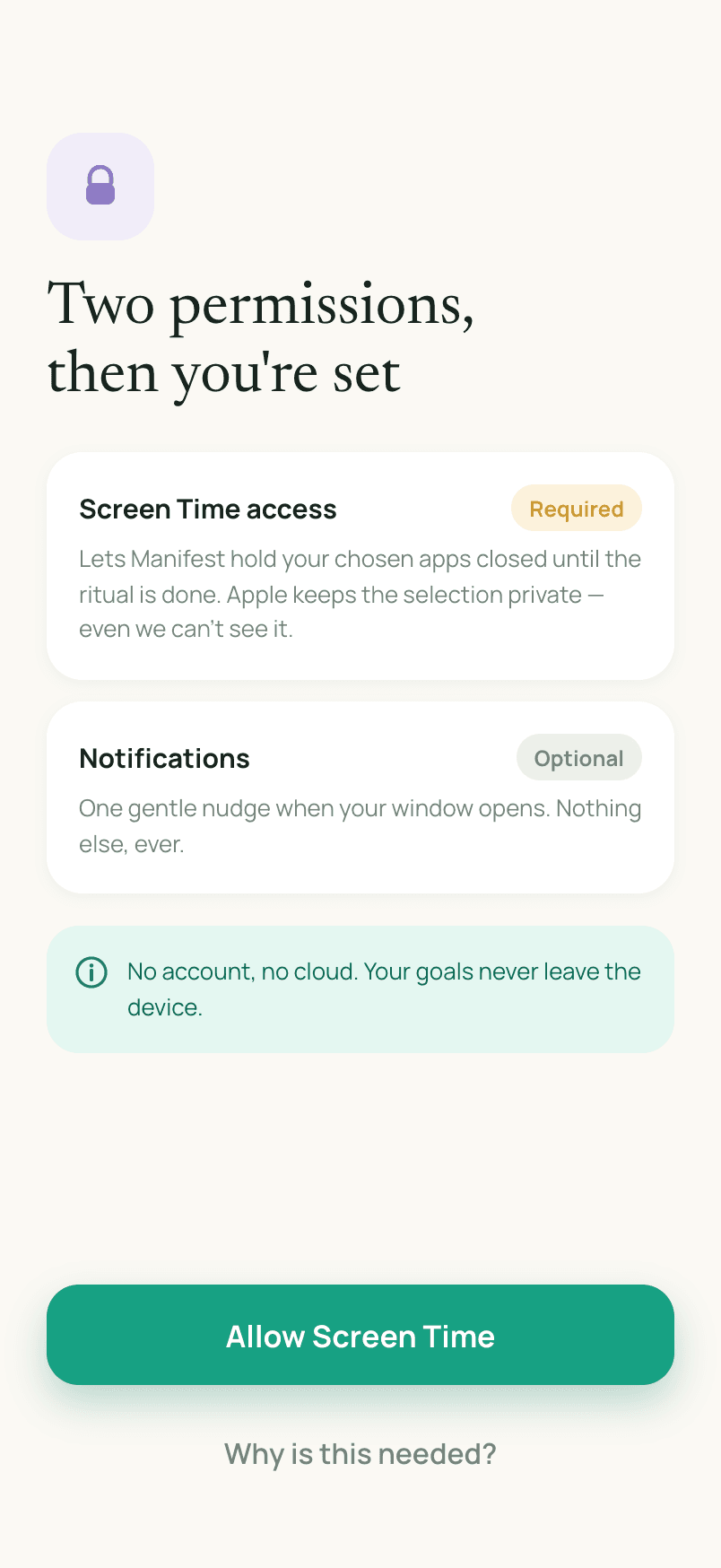 Manifest asking for Screen Time access, marked required, and Notifications, marked optional
