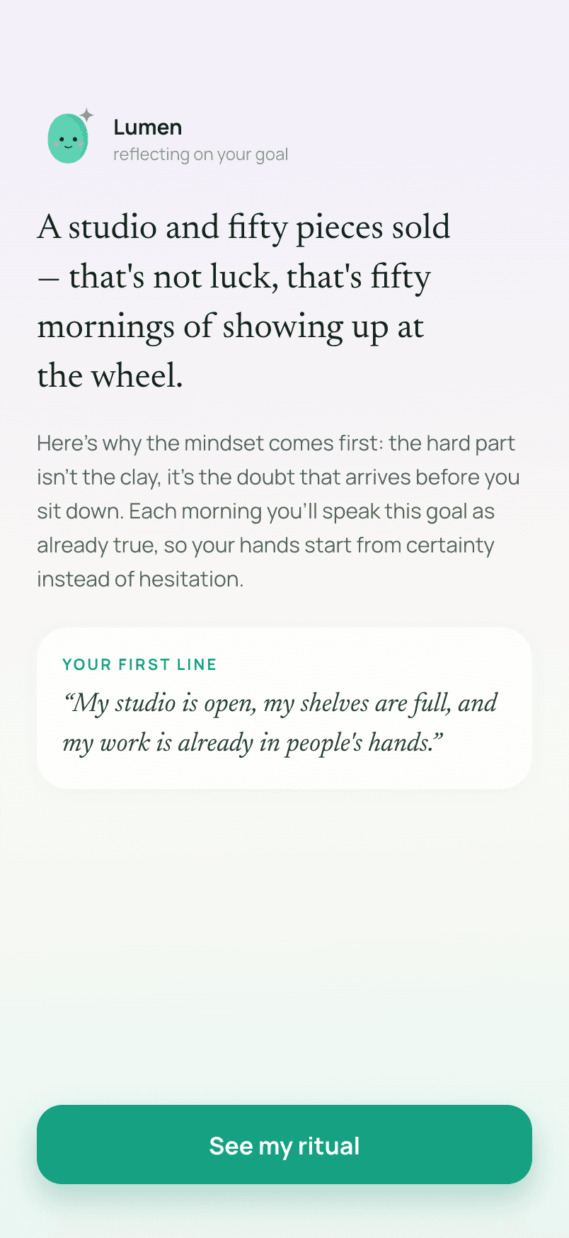 Manifest reflecting on a new goal and showing the first generated affirmation line