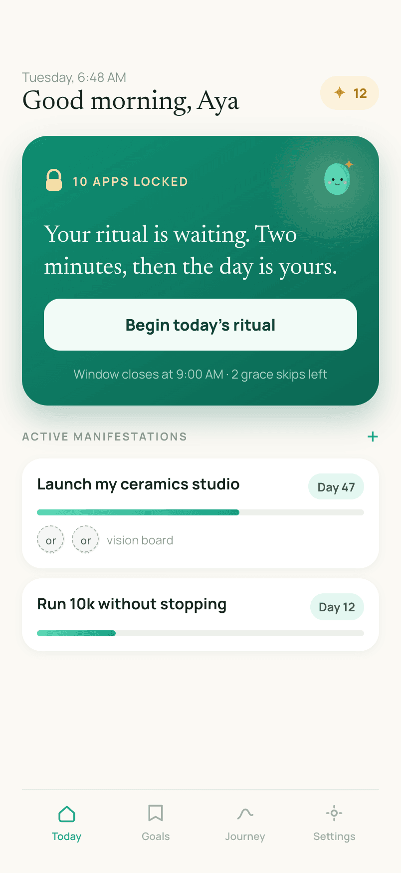 Manifest's home screen with two apps locked and a Begin today's ritual card