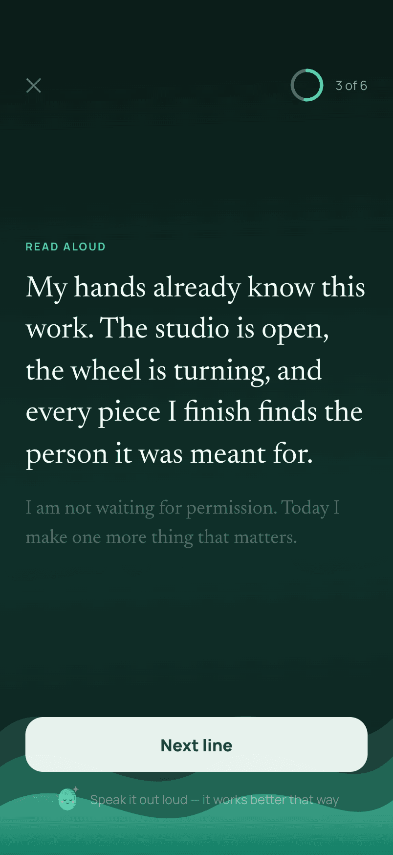 The ritual reading screen, showing an affirmation line over animated waves