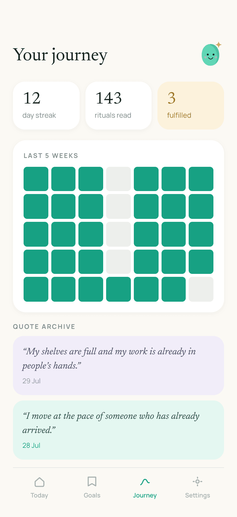 Manifest's journey screen with a day streak, rituals read, a five-week consistency grid, and a quote archive
