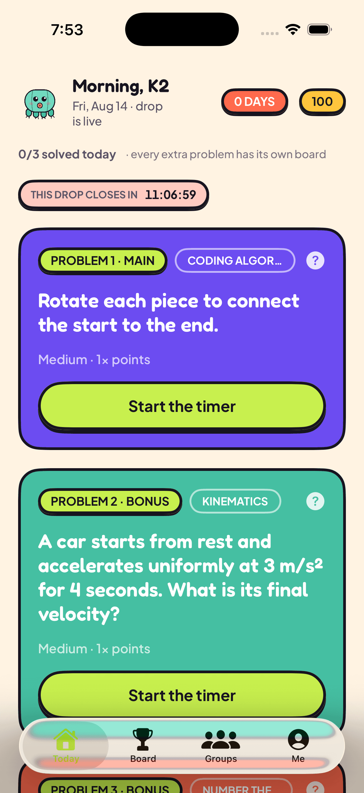 TinkerDay's home screen: today's drop with a main problem and two bonus problems, a points balance, and a streak counter