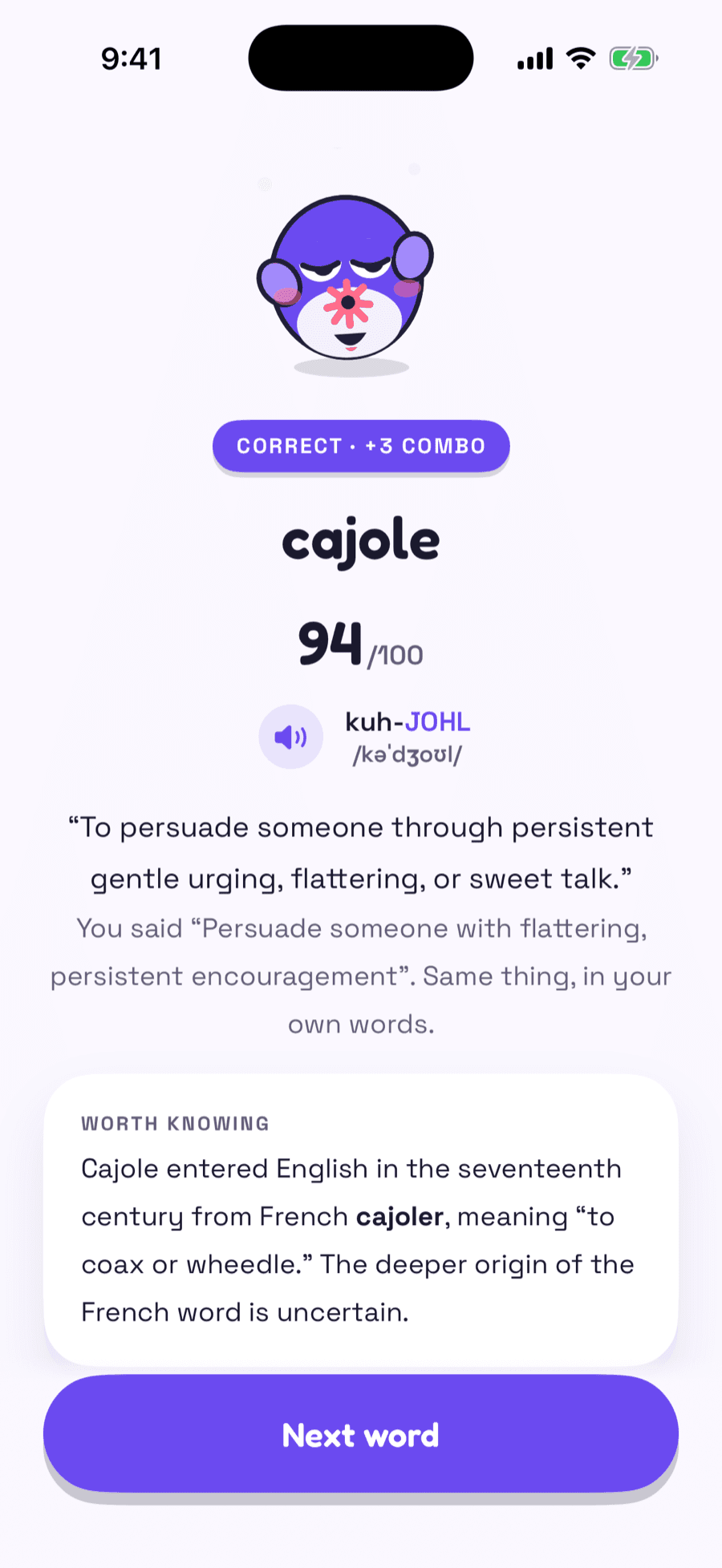 WordGrasp grading an answer for cajole as correct, 94 out of 100