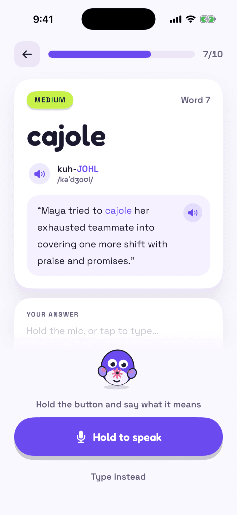 The WordGrasp guess card: the word cajole in a sentence, its pronunciation, and a Hold to speak button