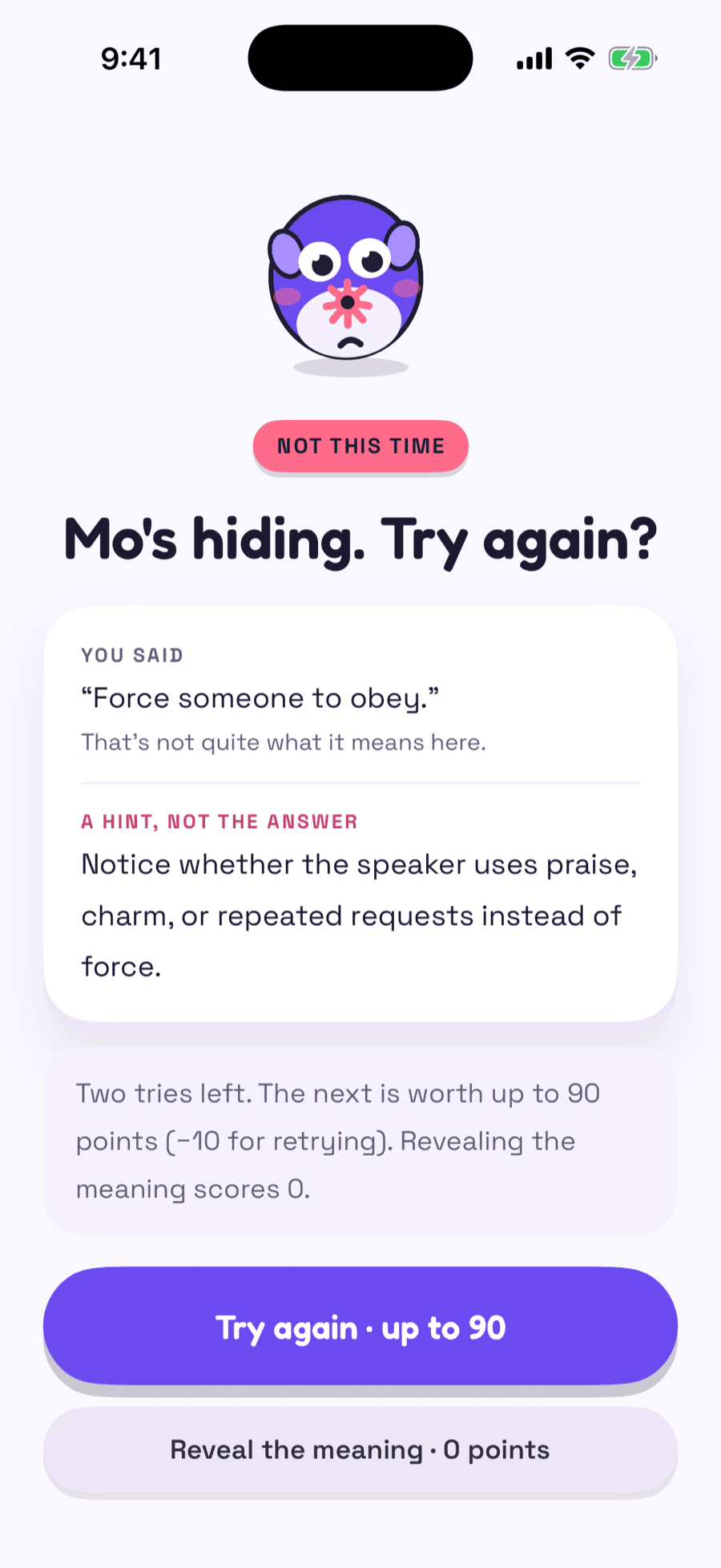 A wrong answer with a hint instead of the answer, two tries left, and the next try worth up to 90 points