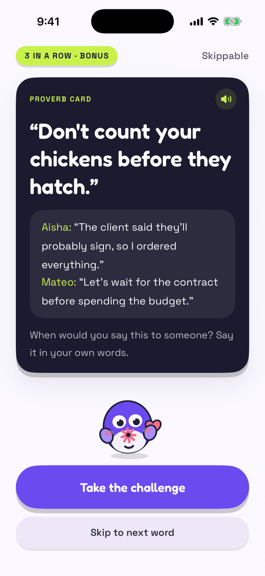 A bonus proverb card: Don't count your chickens before they hatch, with a two-line dialogue