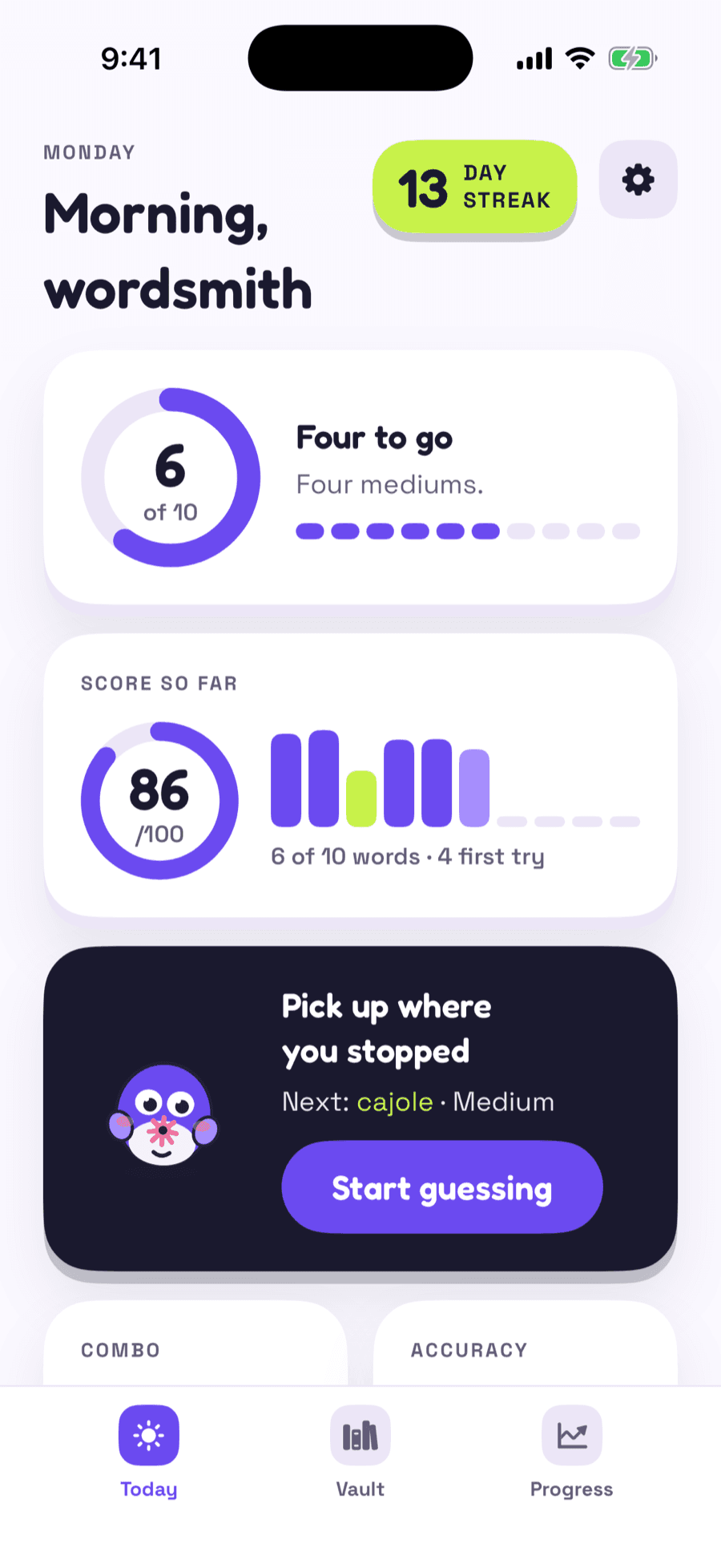 The WordGrasp Today screen: a 13-day streak, 6 of 10 words done, today's score so far of 86, and the next word