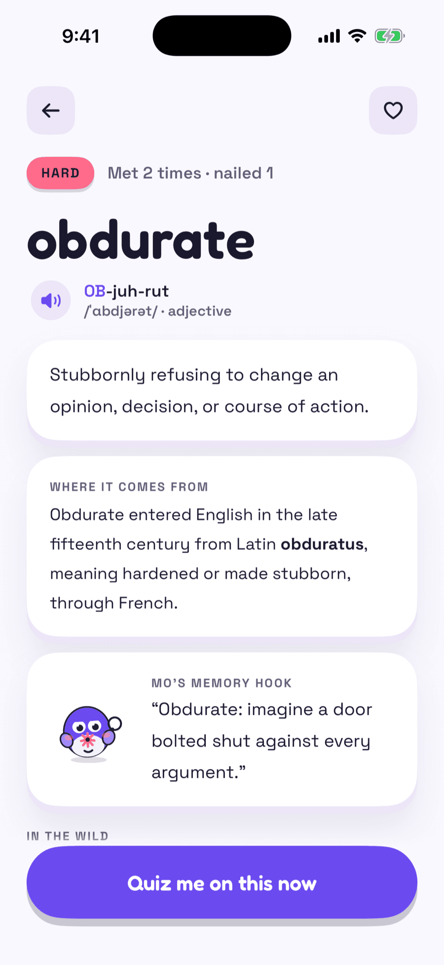 The word profile for obdurate: pronunciation, definition, where it comes from and Mo's memory hook